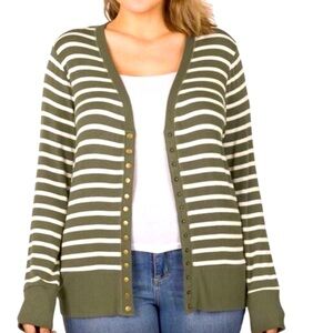 NWOT Zenana Snap Button Striped Cardigan Sizes 1X-3X Olive Ivory Long Sleeve